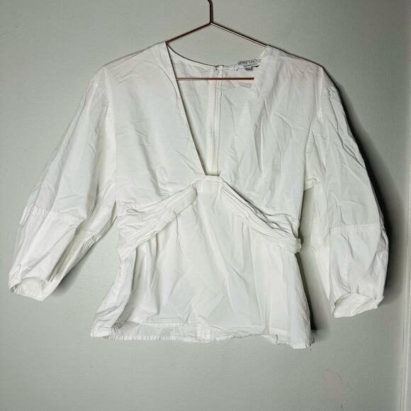 DEREK LAM White Noe Puff-Sleeve Peplum Plunging V-Neck Top Size 42 - Picture 5 of 10